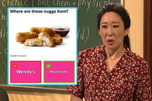 Sandra Oh contorting her face in confusion in an SNL sketch next to a screenshot of some chicken nuggets and the question where are these nuggs from