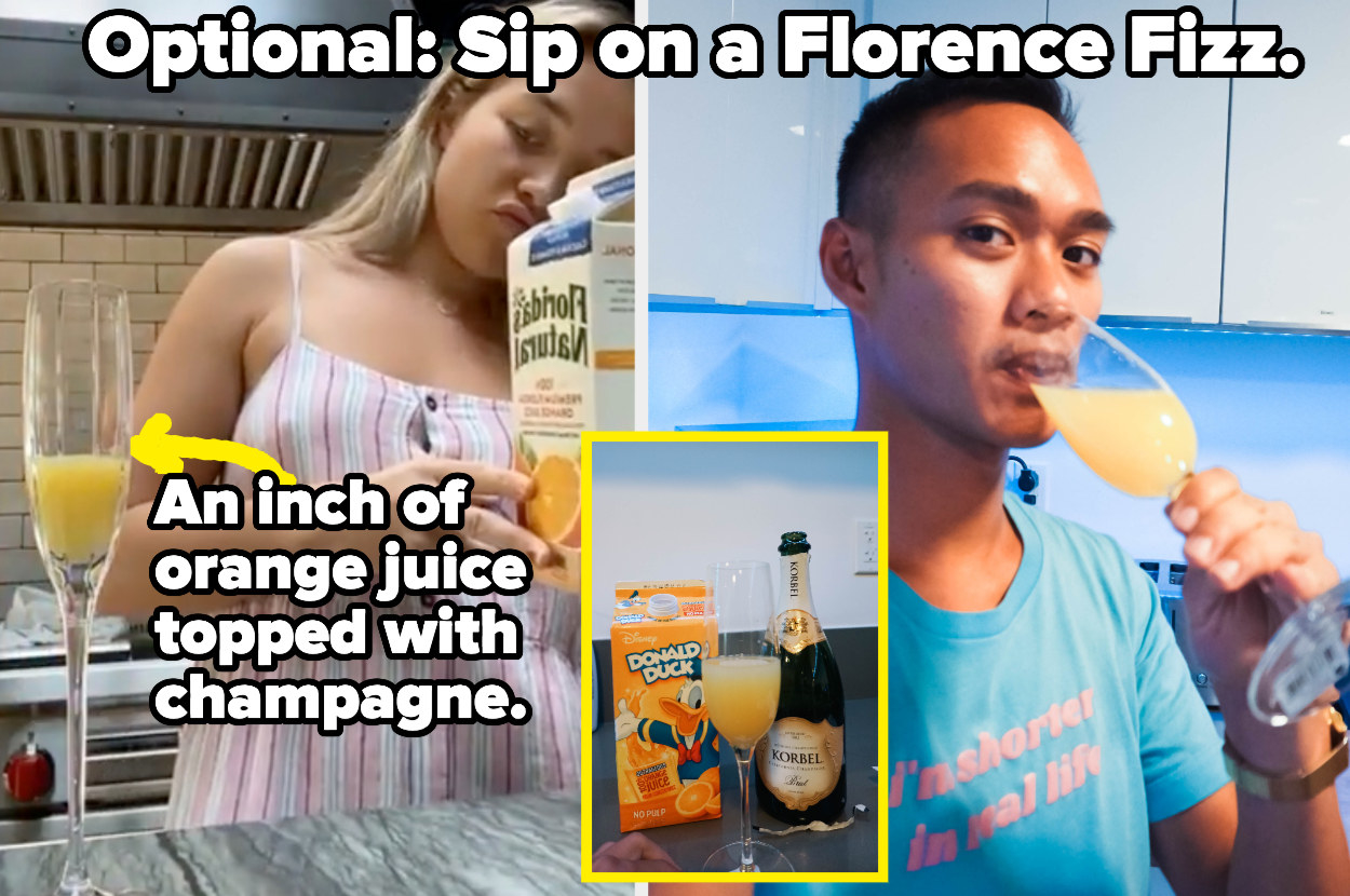 (Left) florence pugh looking at the orange juice she poured into a glass (middle) inset of orange juice and champagne (right) author sipping the drink