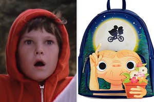 Elliott looking scared a Loungefly bag featuring ET 