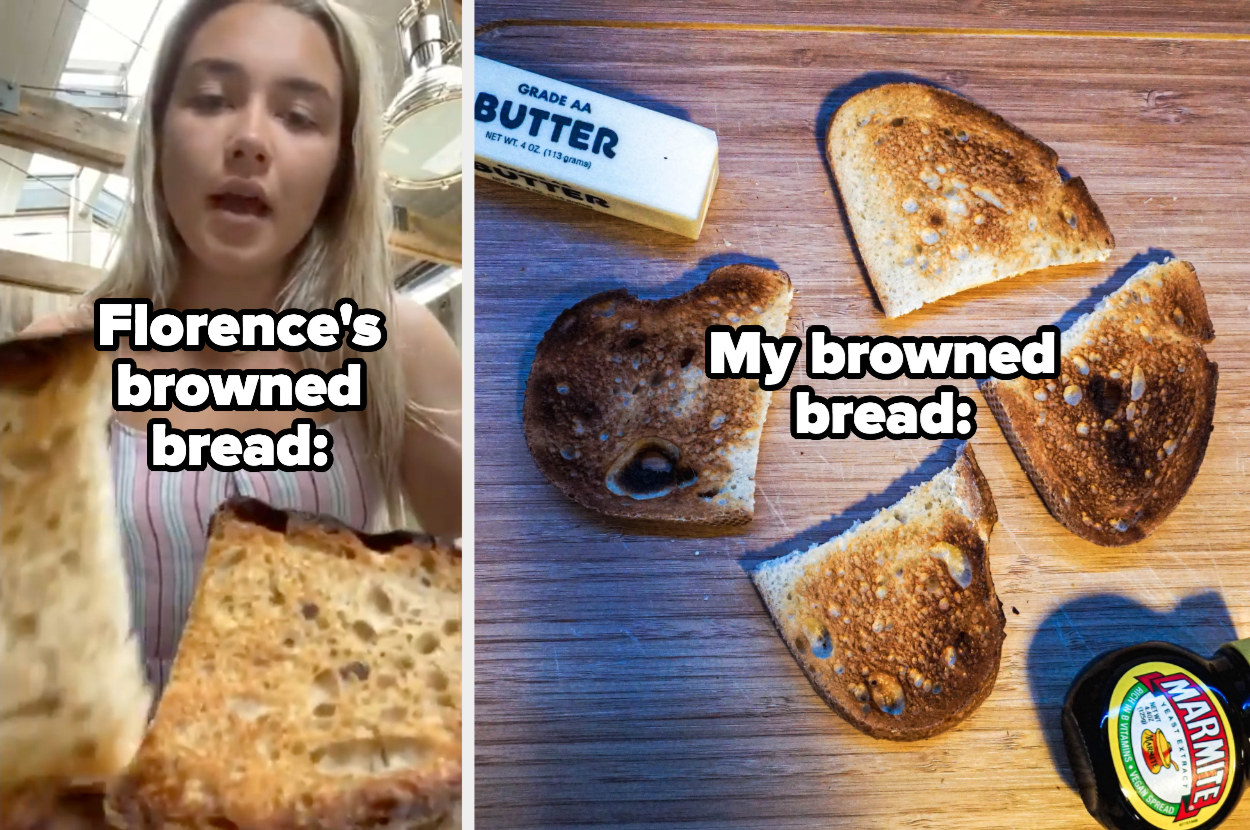 (left) Florence pugh showing off her toast (right) author&#x27;s toast on a cutting board