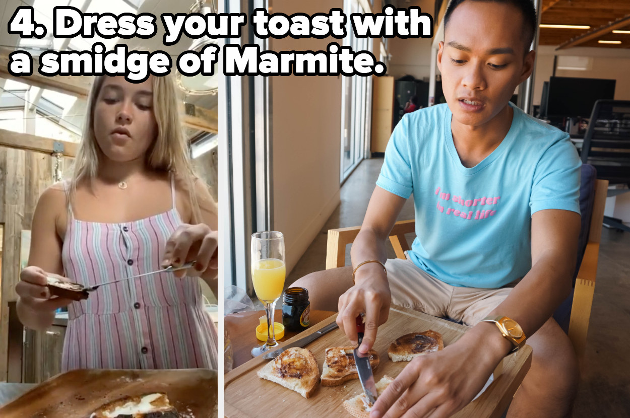 (left) florence pugh spreading marmite on toast (right) author slathering toast with marmite
