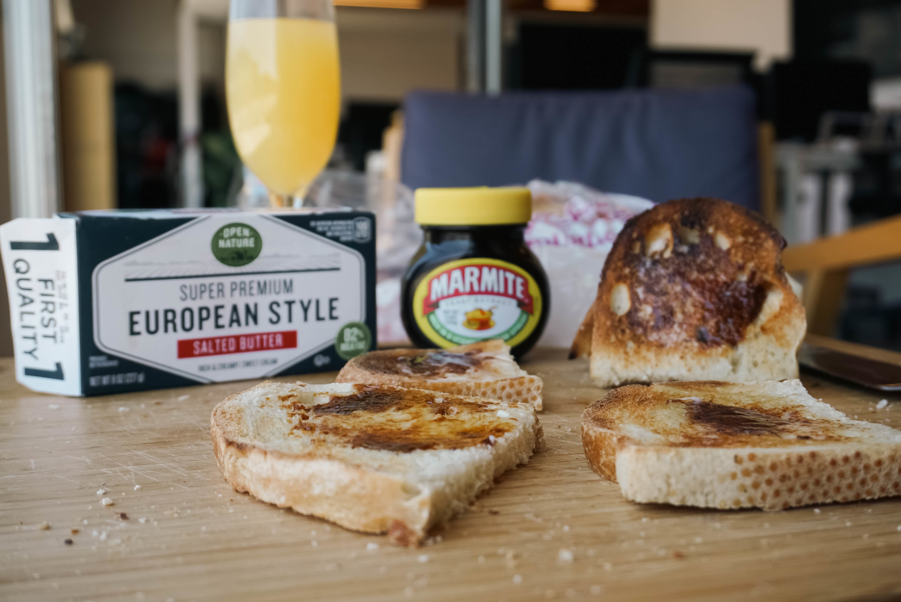 Butter and Marmite toast on a table
