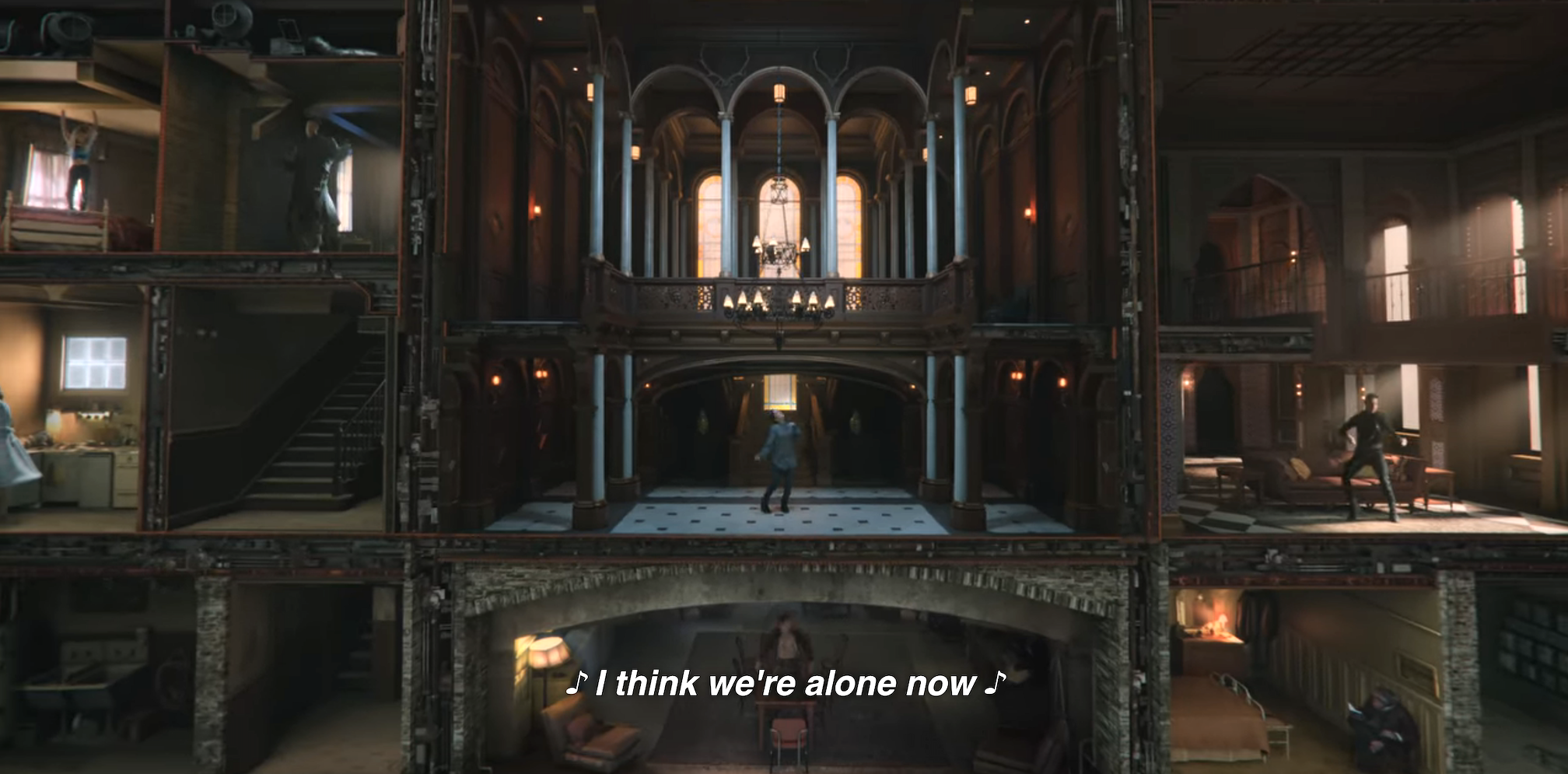 the song playing while the camera zooms out to show everyone dancing in their rooms to it
