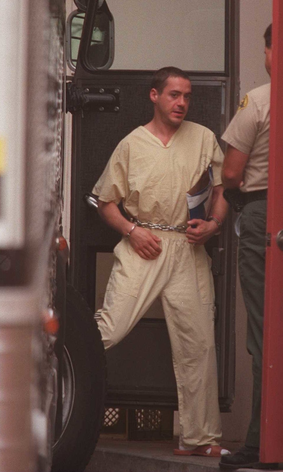 Robert Downey Jr arrives for a bail hearing in July 1996