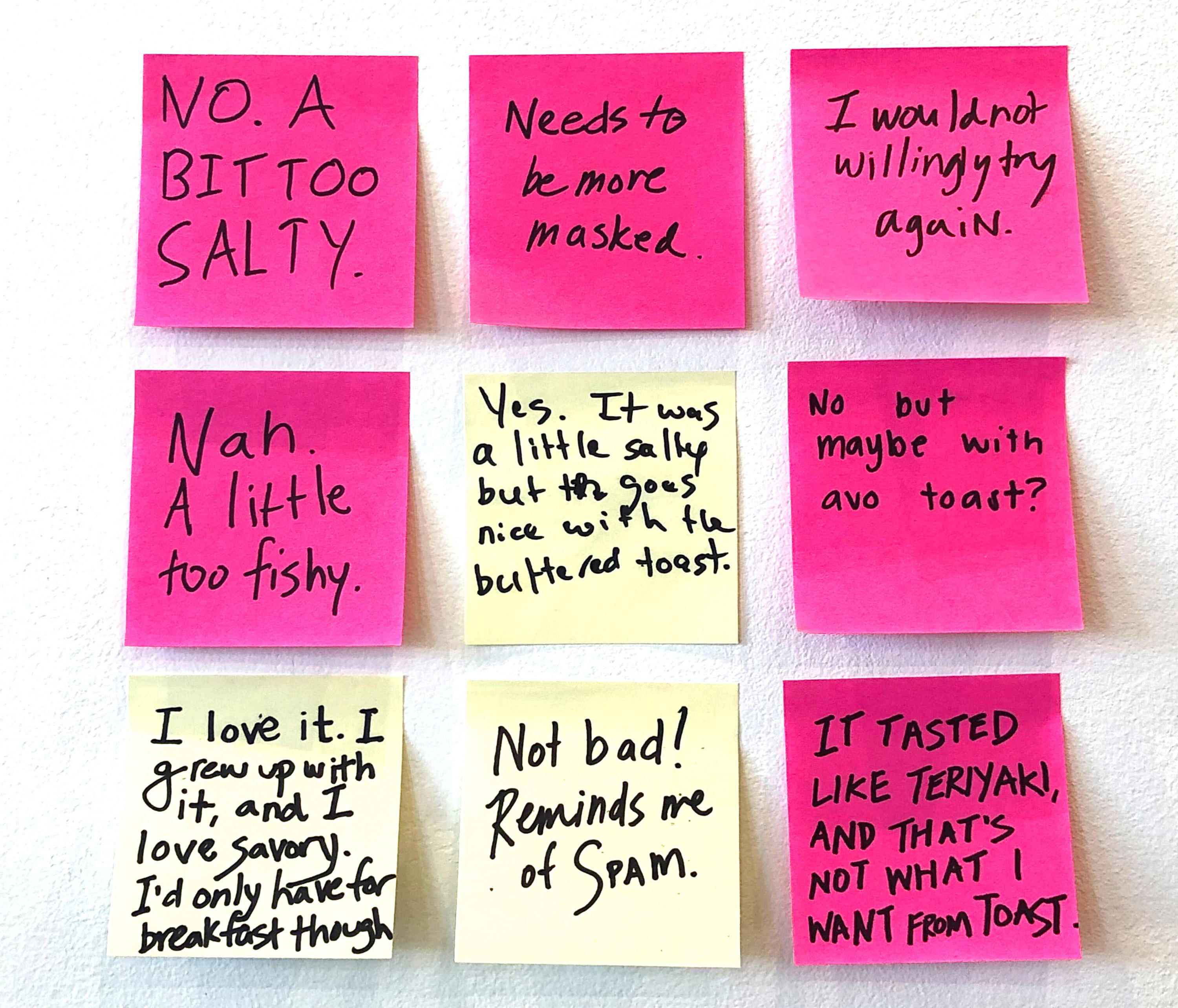 post-it notes of people&#x27;s opinion on the marmite-butter toast