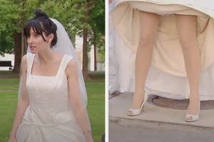 A split screen photo of a woman in a wedding dress and the other photo is her lifting up her dress