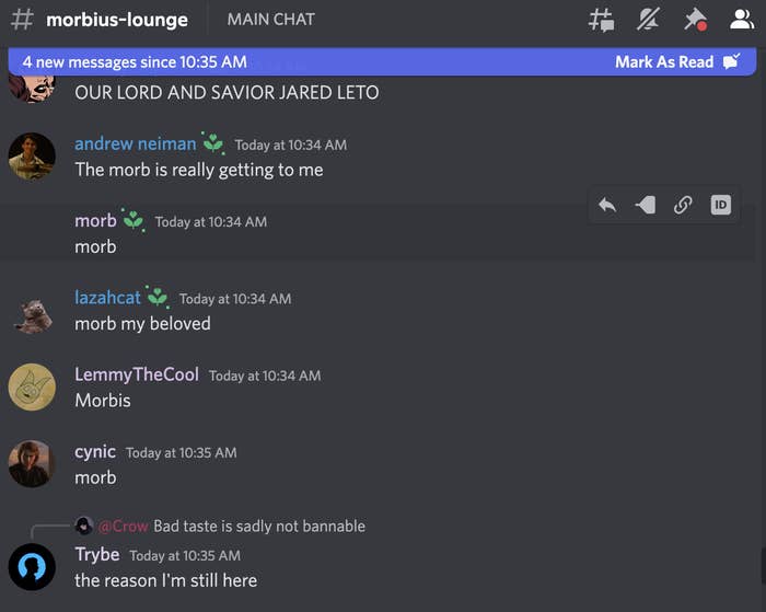 a screenshot of rapid fire chats happening in the &quot;Morbius&quot; Discord