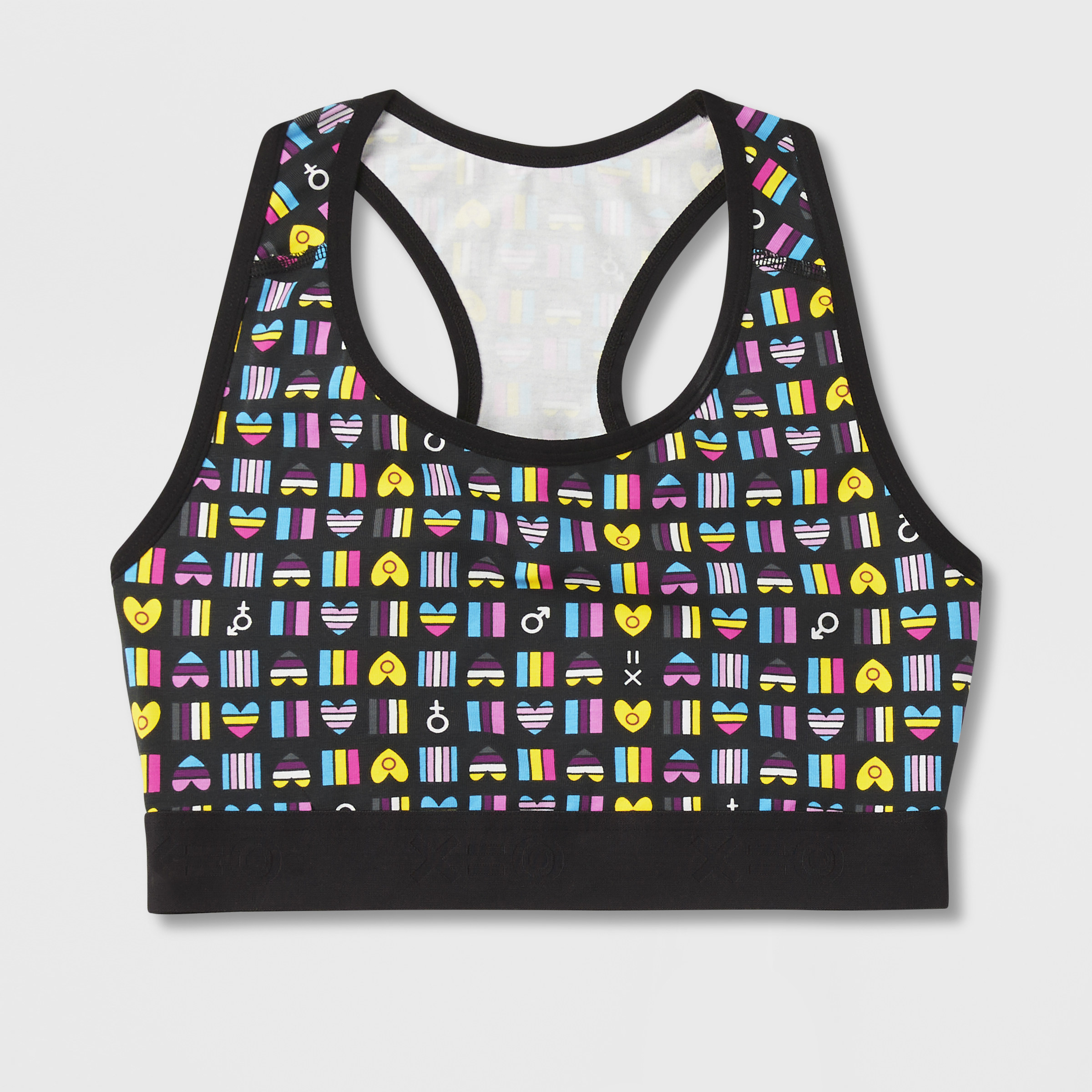 Racerback sports bra with colors of the transgender, nonbinary, bisexual, pansexual, and intersex flags