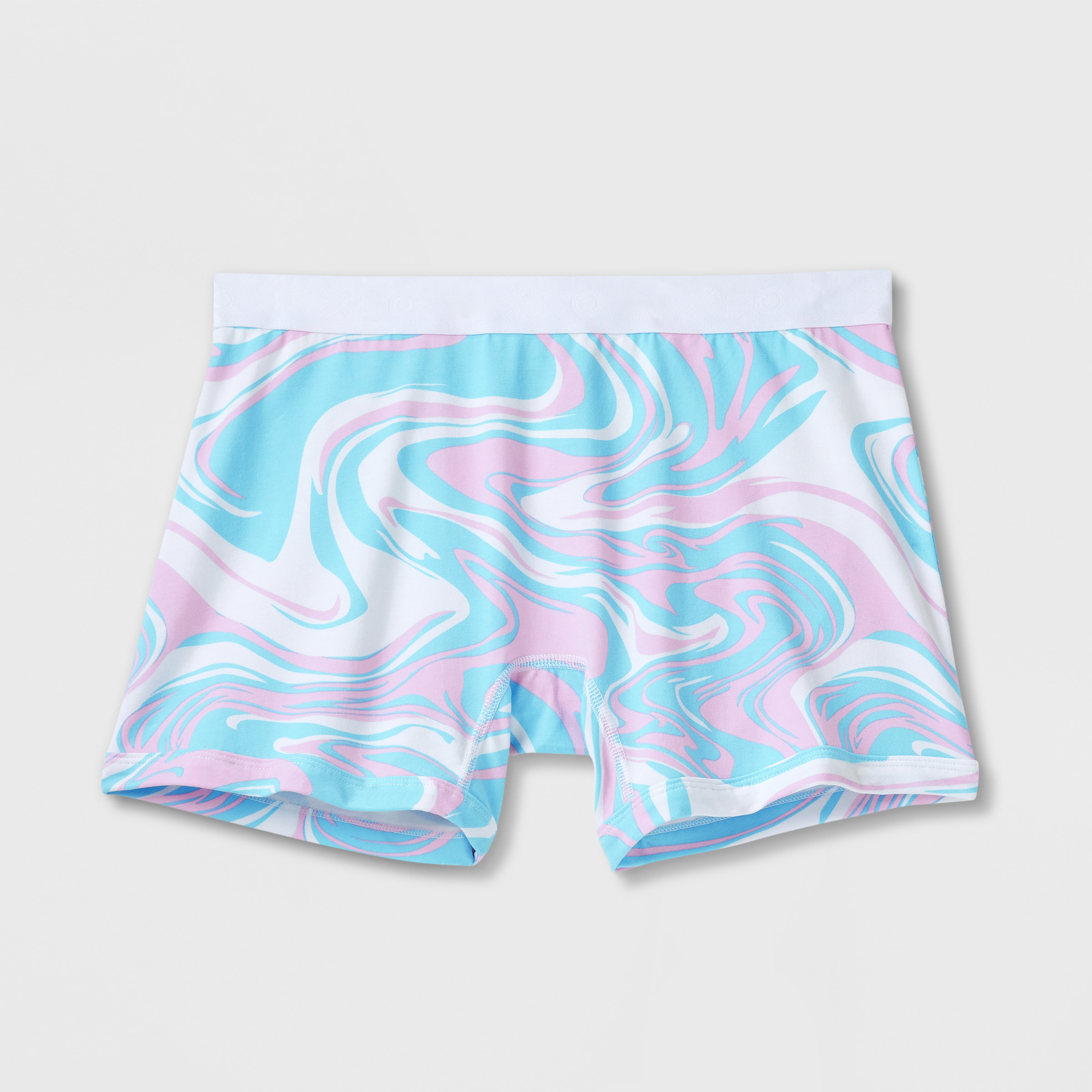 TomboyX Boy Shorts featuring an all-over transgender flag colors swirl design