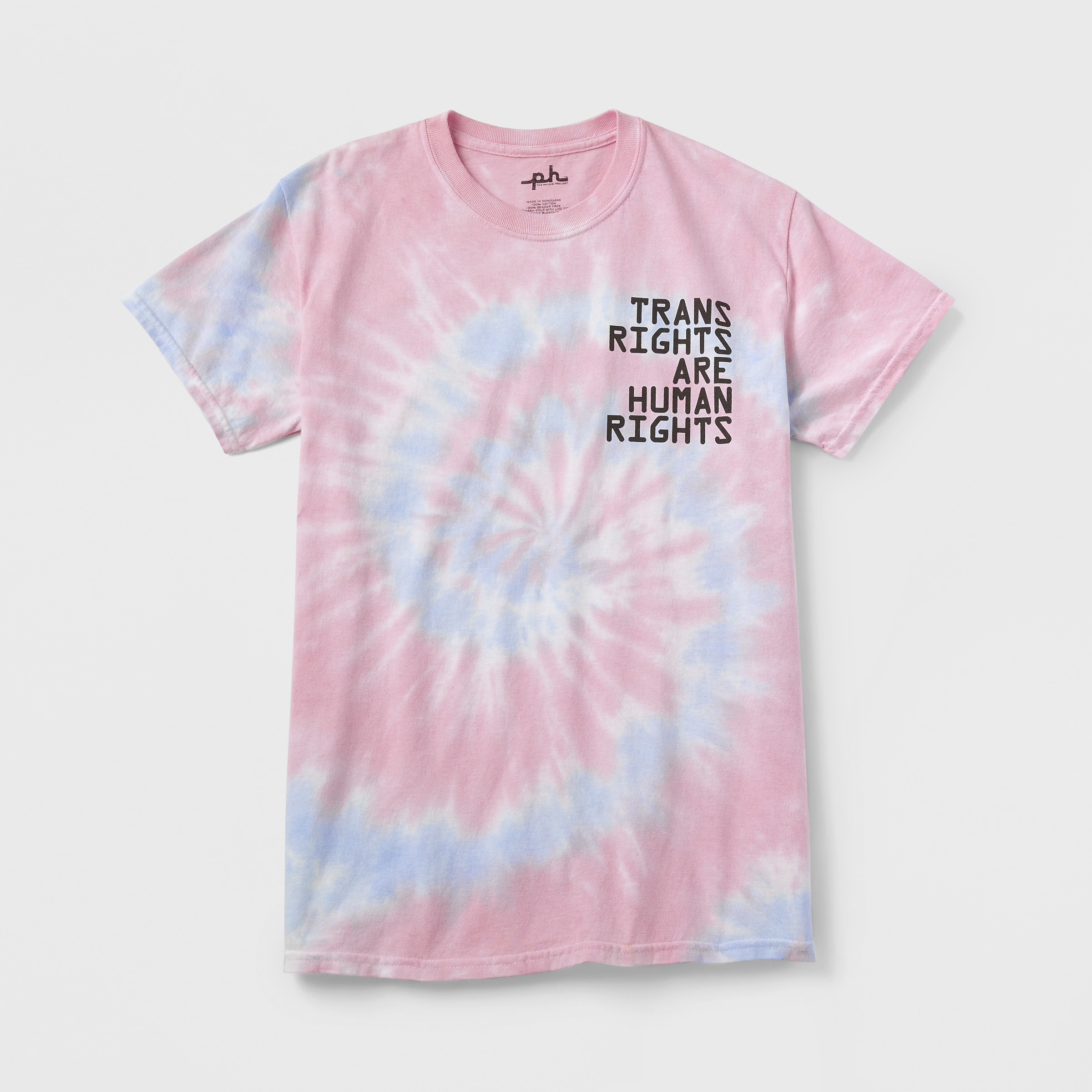 Trans Rights PHLUID Project Short Sleeve Tee with pink and blue tie-dye swirl design