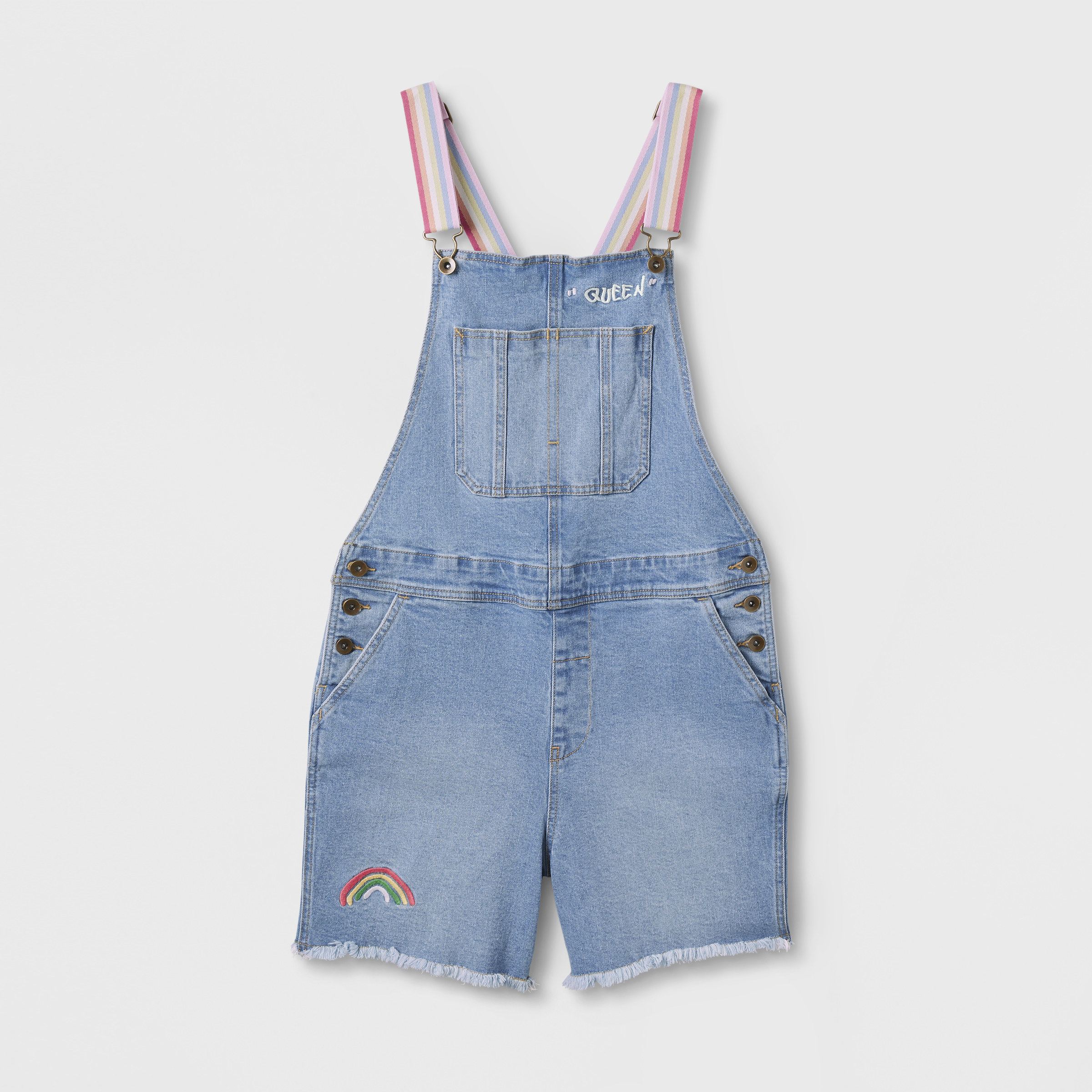 Light Wash Rainbow Shortalls with a rainbow and &quot;queen&quot; embroidered on the front
