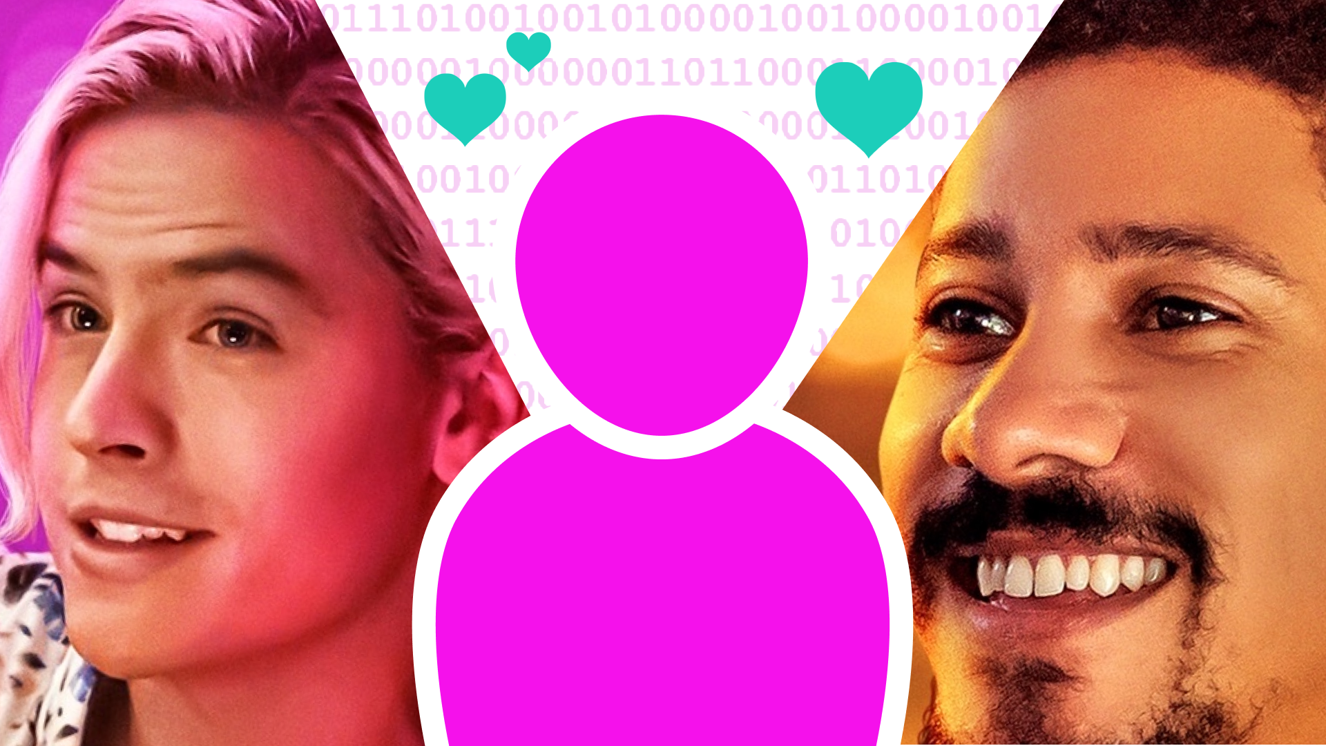 close up two men smiling with the graphic outline of a human in between and a binary code background