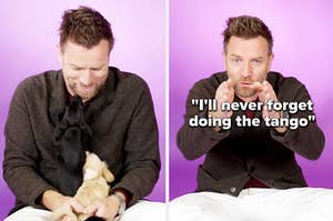 Ewan McGregor playing with puppies