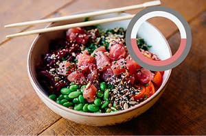 a poke bowl with a color wheel next to it