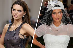 Kendall Jenner wears a sleeveless sheer shirt and Kylie Jenner wears a wedding dress with short, sheer sleeves