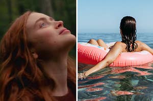 Sadie Sink looks up to the sky and a woman floats on a inflated tube