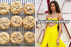 On the left, some chocolate chip cookies cooling on a wire rack, and on the right, Zendaya on the red carpet labeled youthful yellow