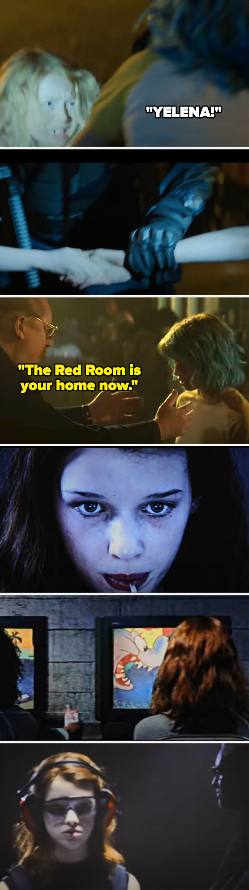 Yelena and Natasha are pulled apart and natasha is told the red room is her home. then there are flashes of her being taught to shoot and watching cartoons