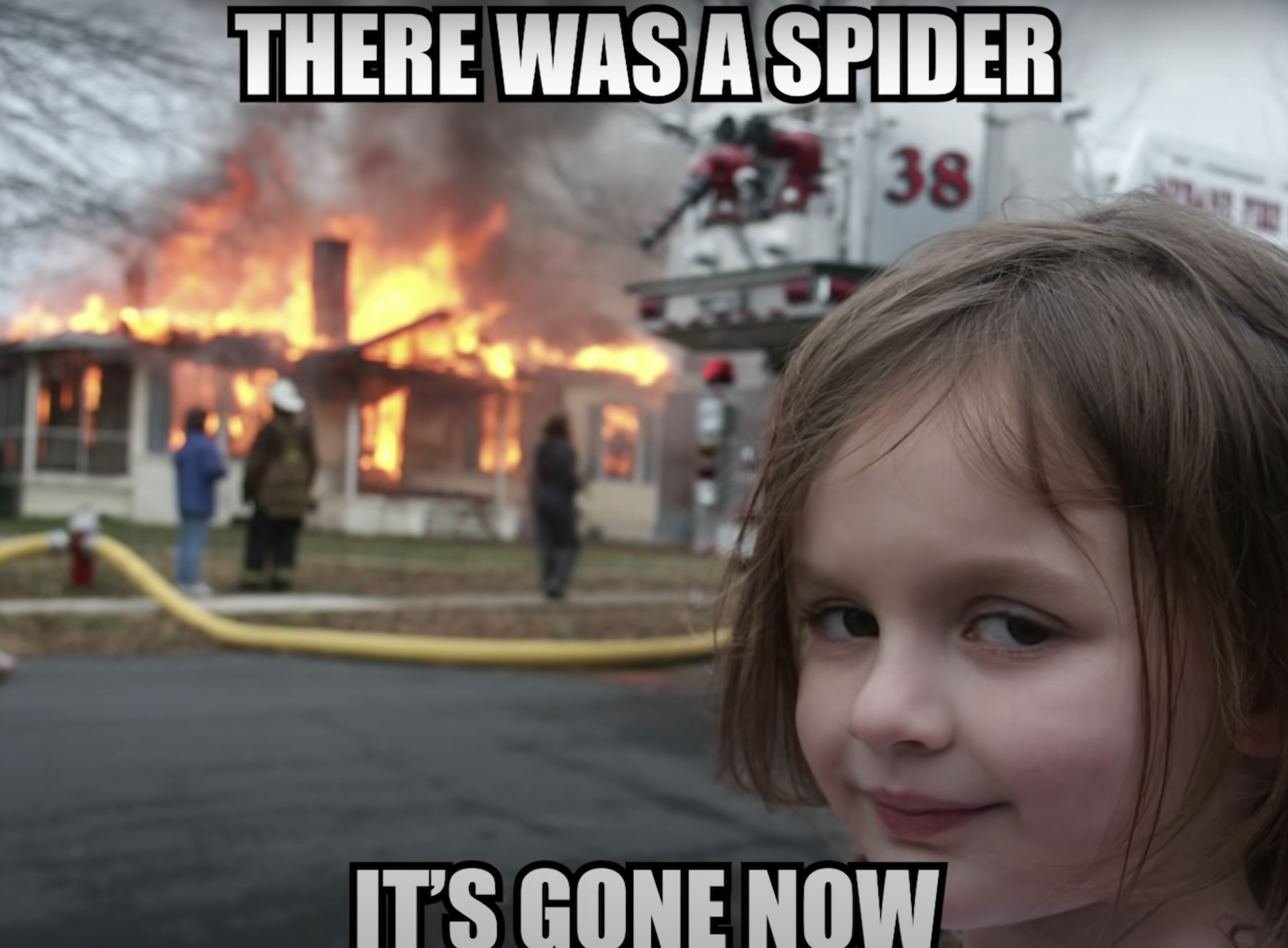 Young girl smiling mysteriously at the camera as a house burns in the background, with the text, &quot;There was a spider; it&#x27;s gone now&quot;
