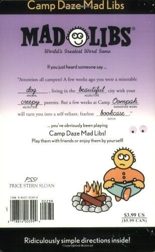 The back of the Mad Libs book with an example of what's inside