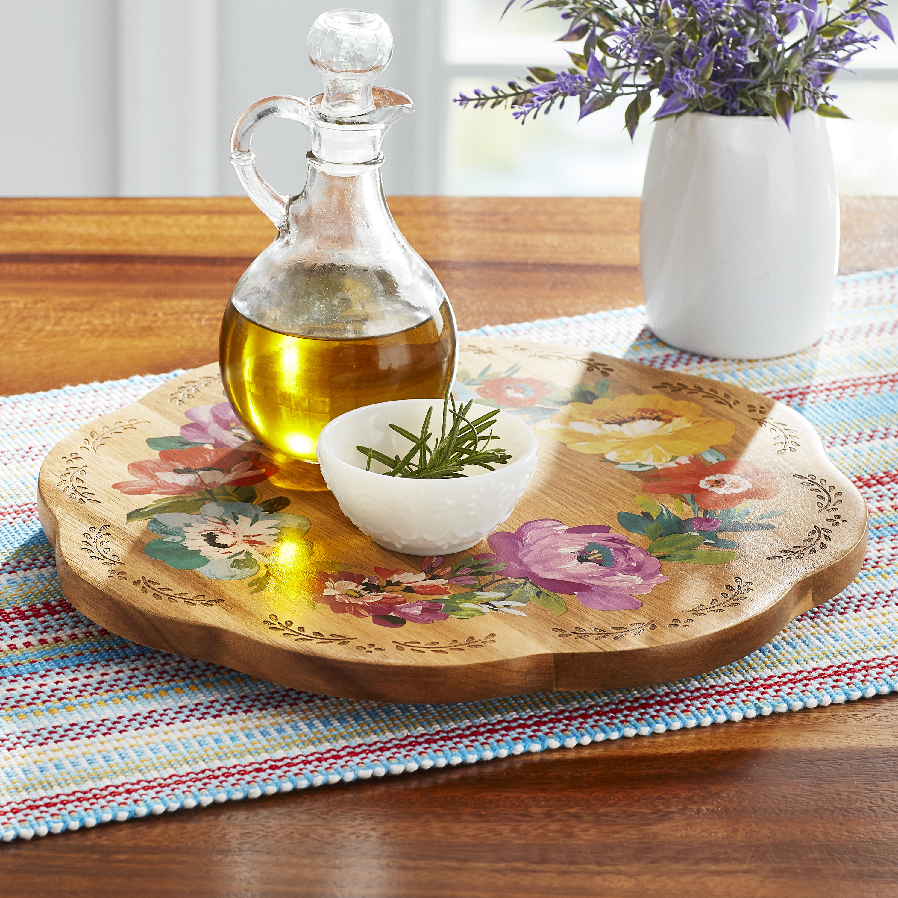 An image of a 12-inch floral wooden lazy Susan