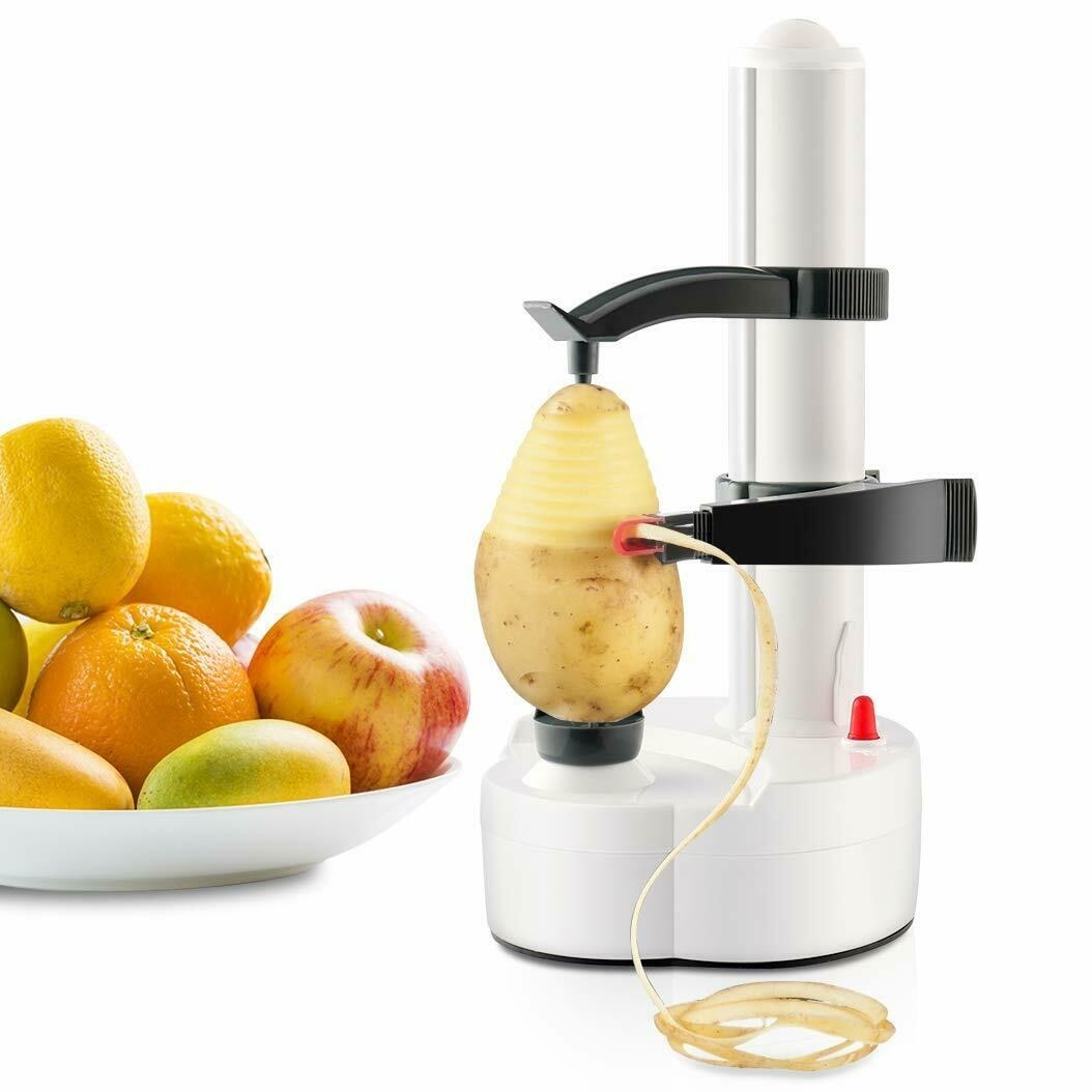 An image of a white rotating potato and apple peeler machine