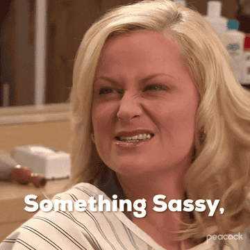 Parks and Recreation character Leslie bouncing her hair, saying, &quot;Something sassy, but powerful&quot;