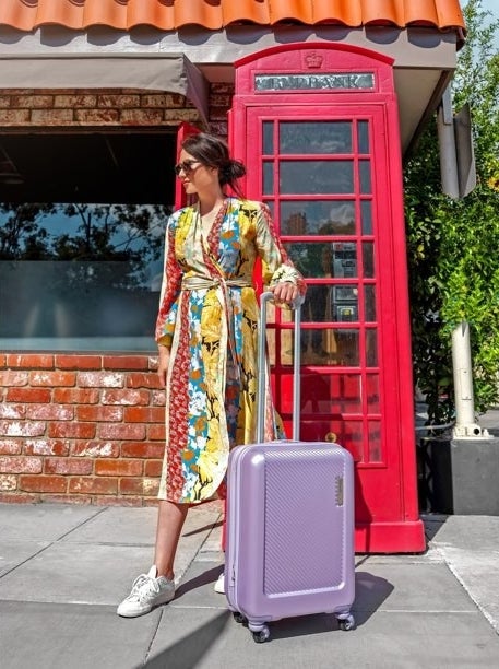 An image of a model with a iridescent suitcase
