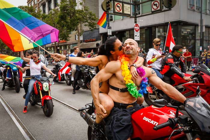 San Franciscans ride on motorcycles in San Francisco&#x27;s LGBTQ+ pride parade in 2019