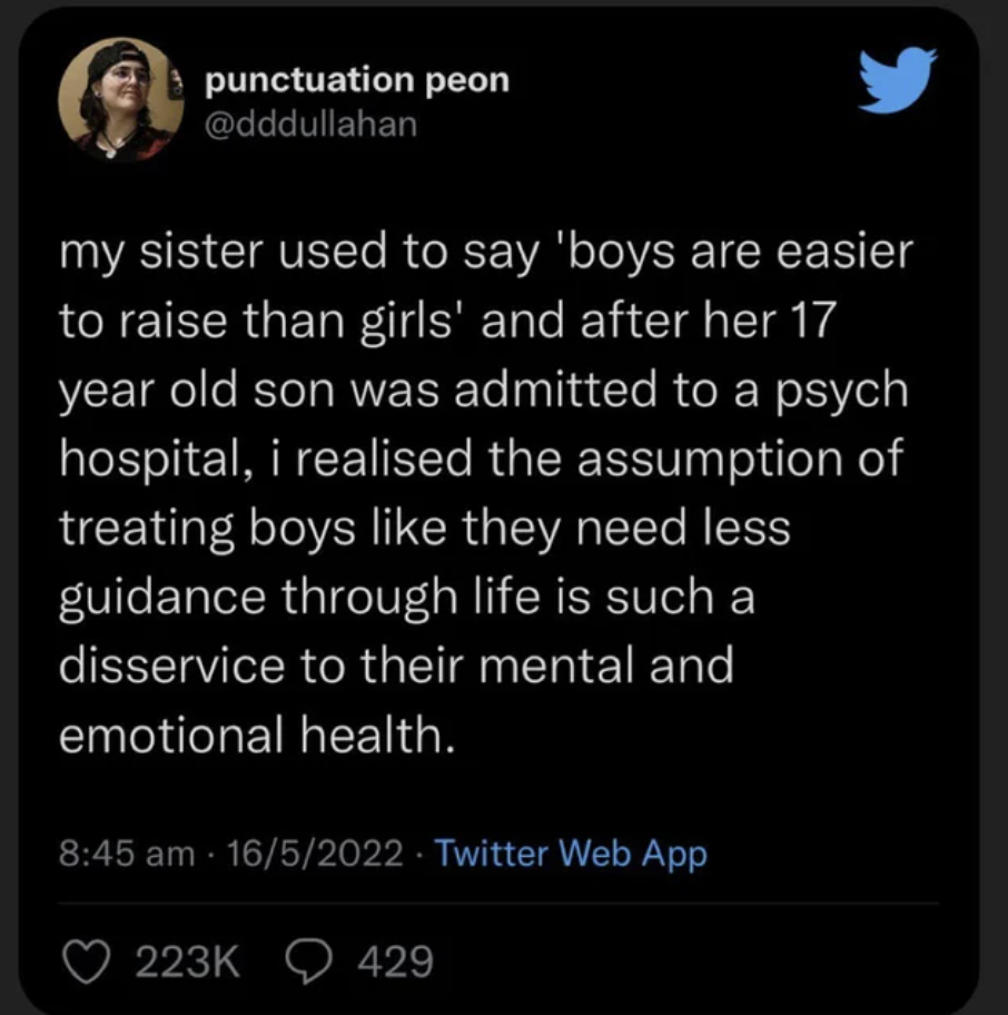 Tweet about someone&#x27;s sister who said that boys are easier to raise than girls, but their 17-year-old was admitted to a psychiatric hospital, and the dangers of treating boys as if they need less guidance
