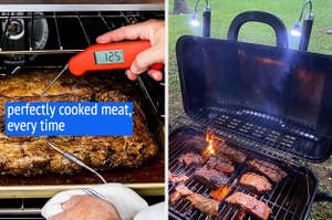a hand taking the temperature of a piece of meat with text: perfectly cooked meat, every time / reviewer photo of a grill with grill lights cooking pieces of meat