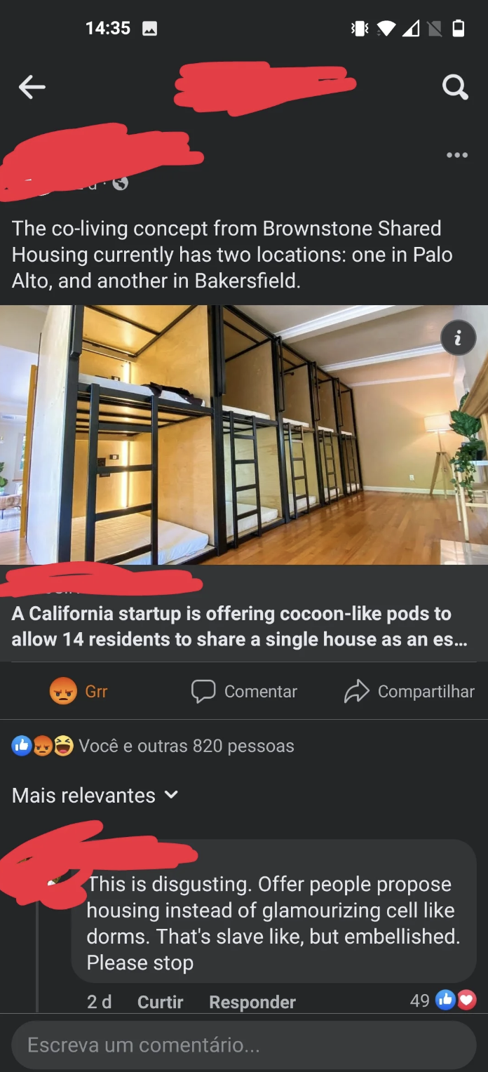 A post about a Brownstone &quot;co-living concept&quot; in California that consists of bunk bed–type &quot;pods&quot; with a ladder where up to 14 people can live in a house