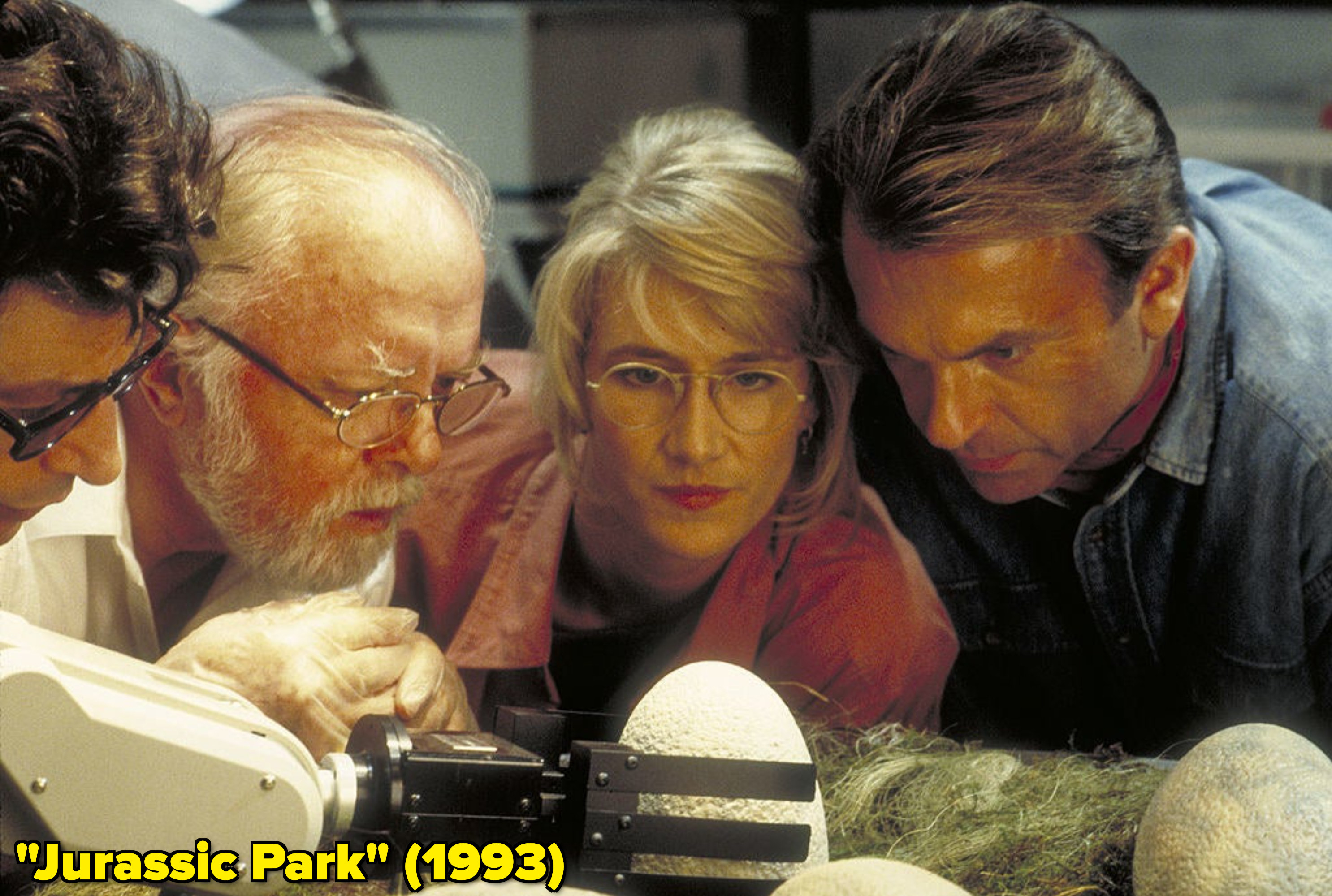Laura Dern among other castmates looking at a dinosaur egg in &quot;Jurassic Park&quot;