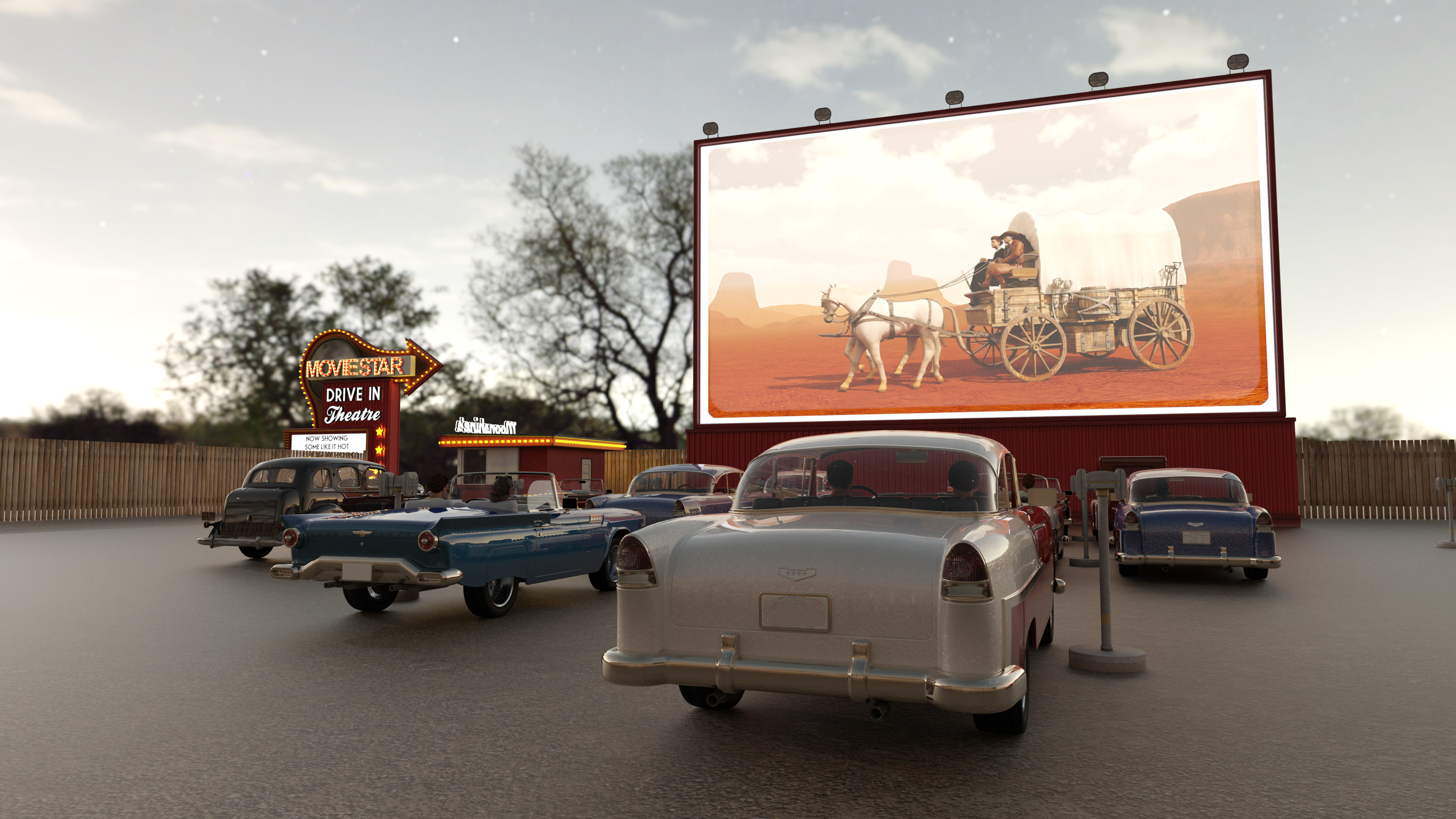 50s-style drive in movie theater with American classic cars