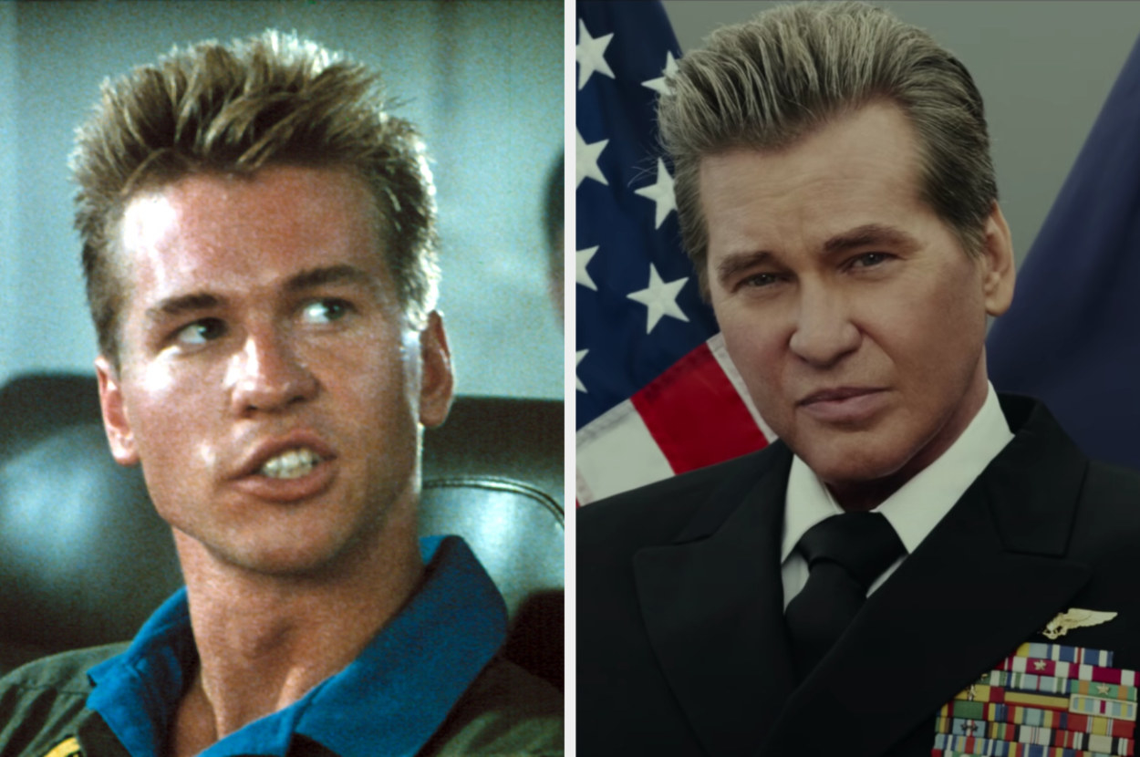 Side-by-side photos of Val Kilmer in the original and sequel, with a new uniform showing he's become a decorated officer