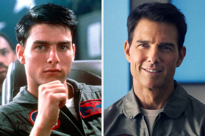 Side-by-side photos of Tom Cruise in the 1986 original and the 2022 sequel wearing a similar uniform