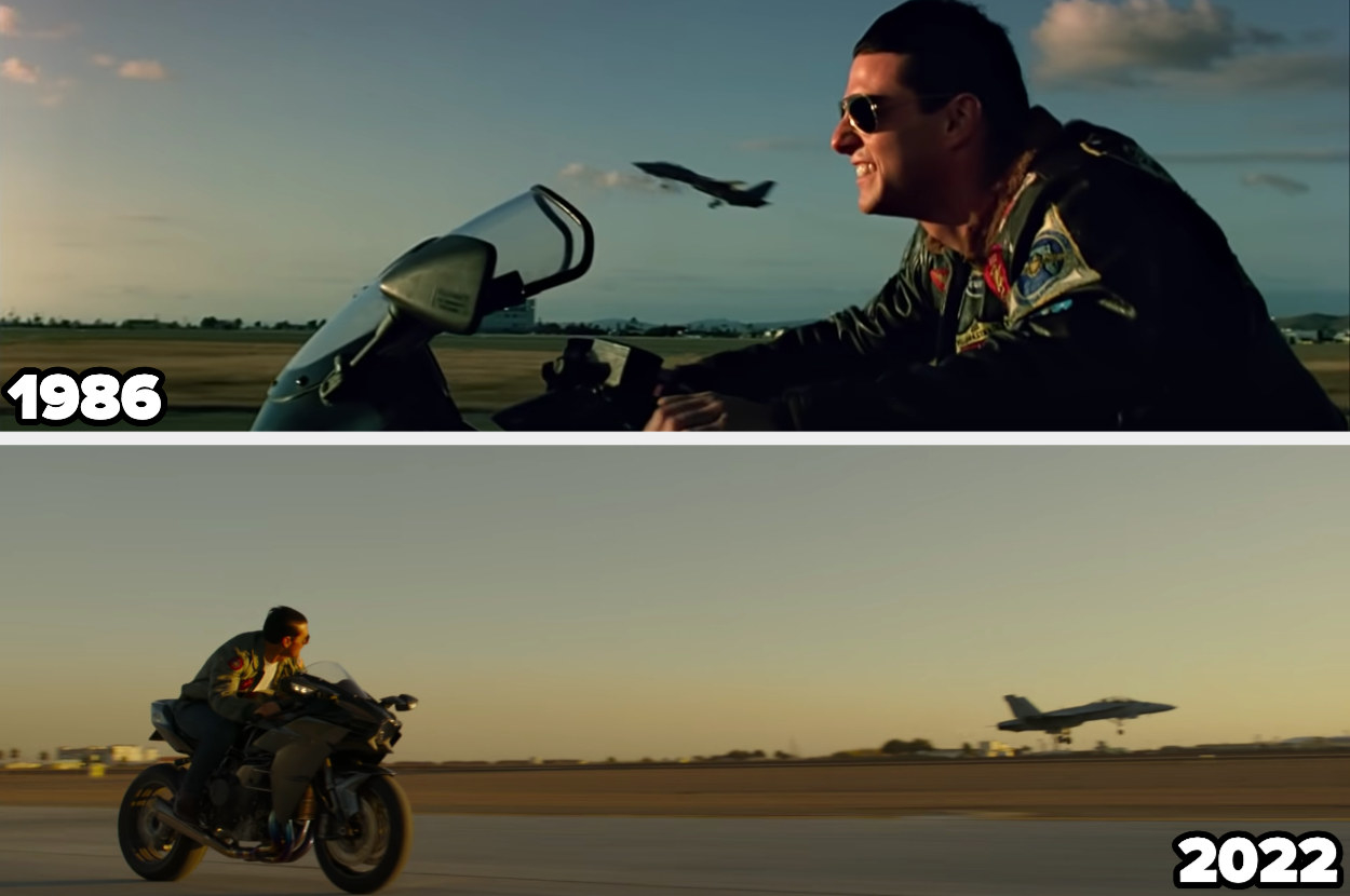 Images from both films of Maverick riding his motorcycle onto base while a jet takes off near him