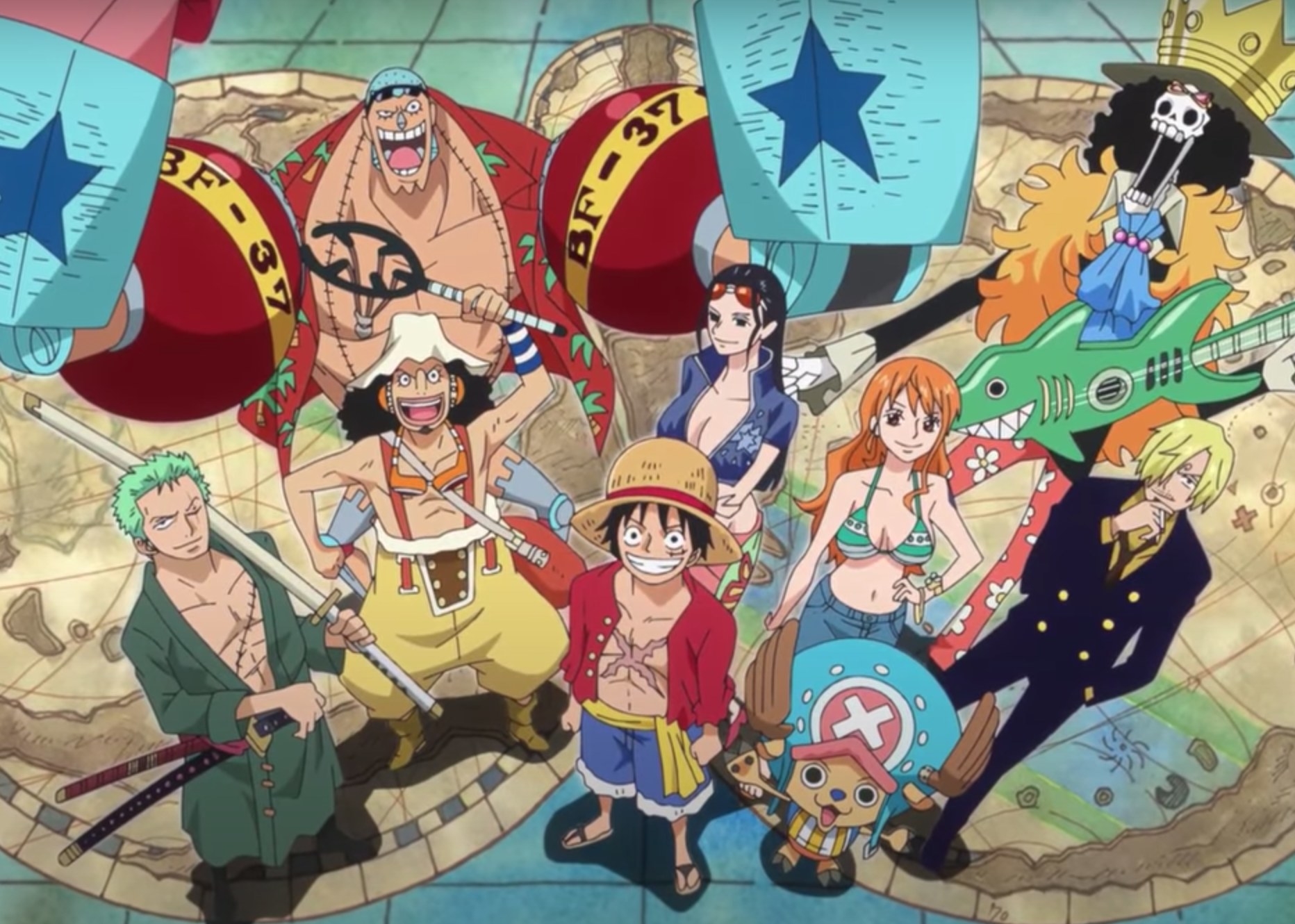 A group picture of the Straw Hat Pirates posing