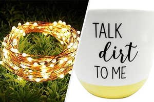 Split frame of a set of fairy lights and a planting pot that says "talk dirt to me