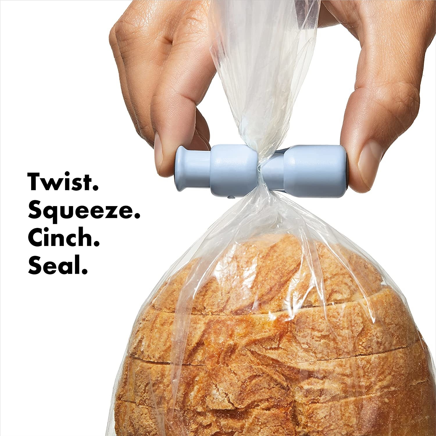 A bag of bread with the blue closure