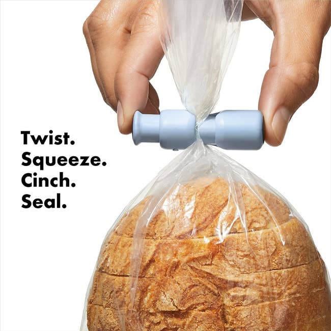A container  of breadstuff  with the bluish  closure