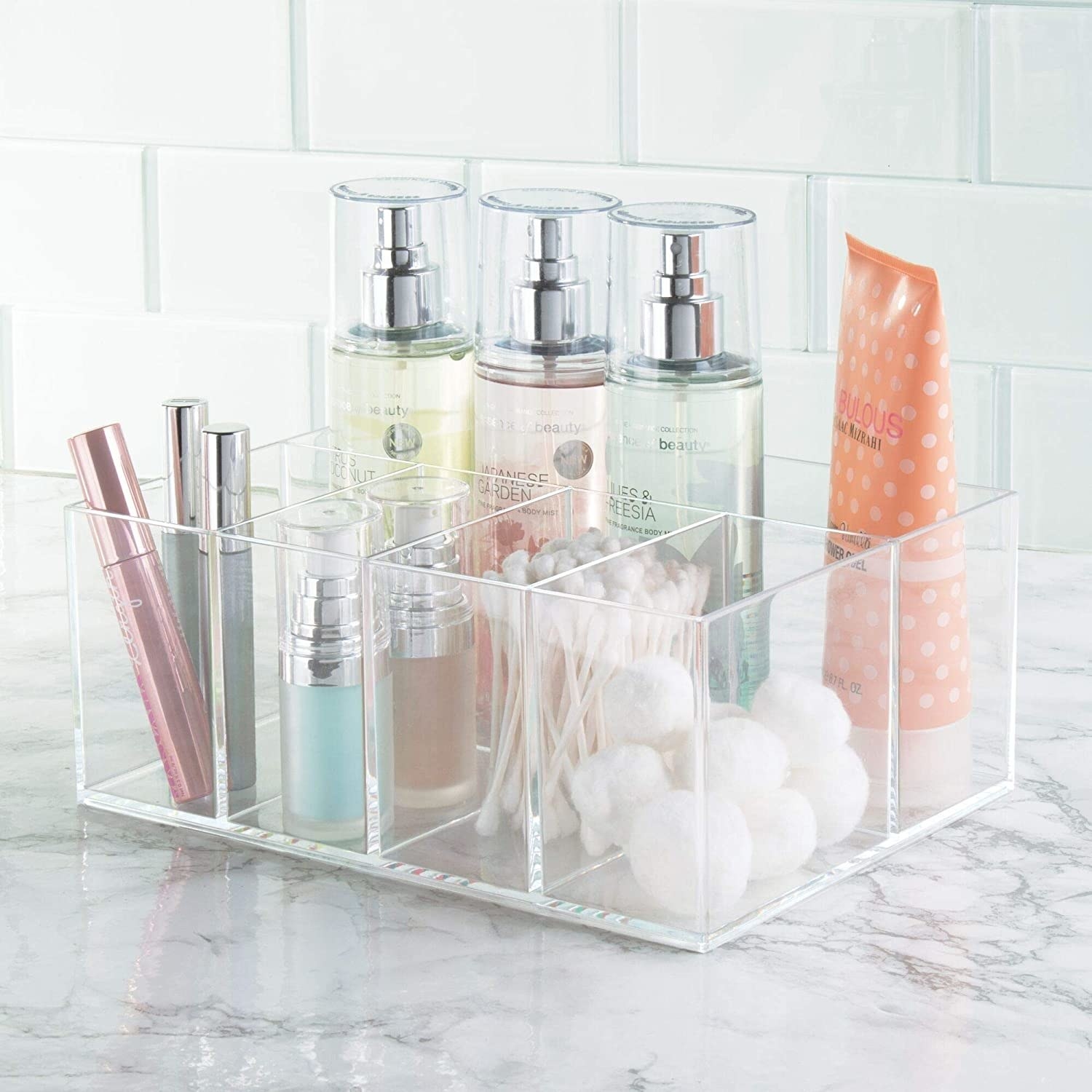 a divided acrylic container with toiletries in each compartment