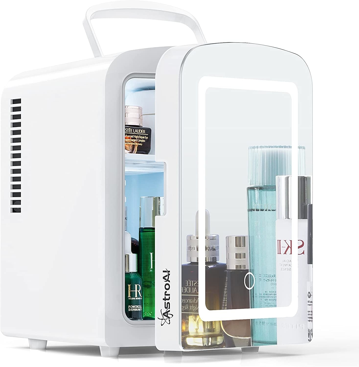 a mini fridge with a mirrored door filled with skin care products on a white background
