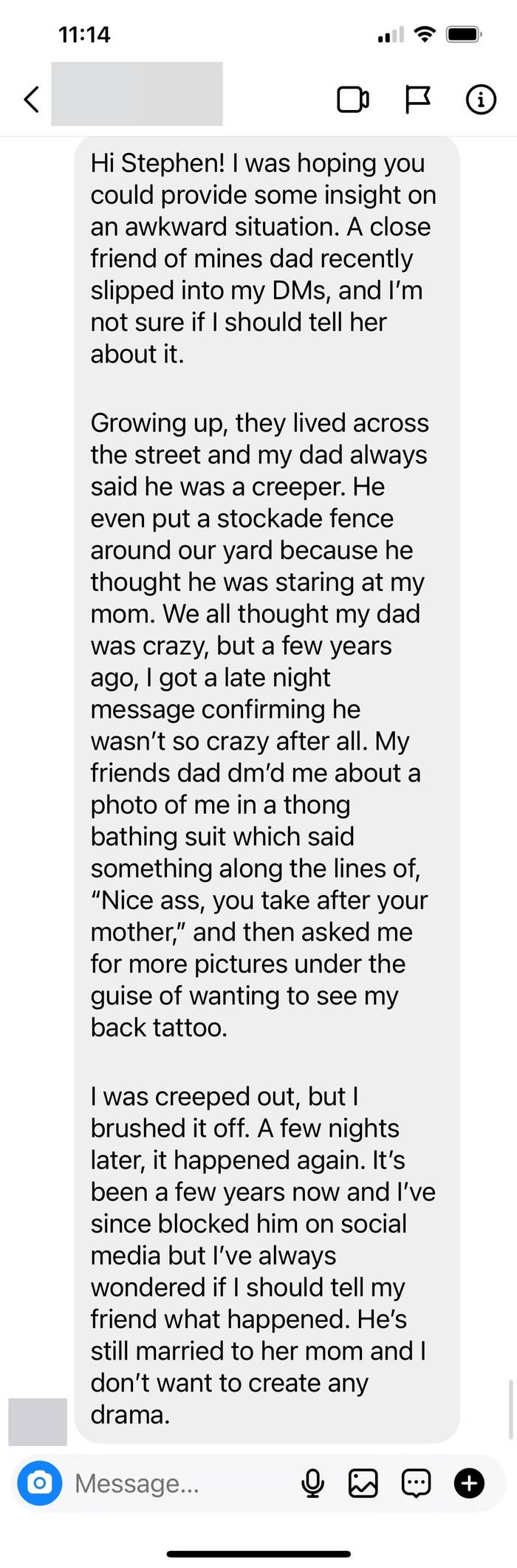 messager&#x27;s DM where she says her friend&#x27;s dad hit on her