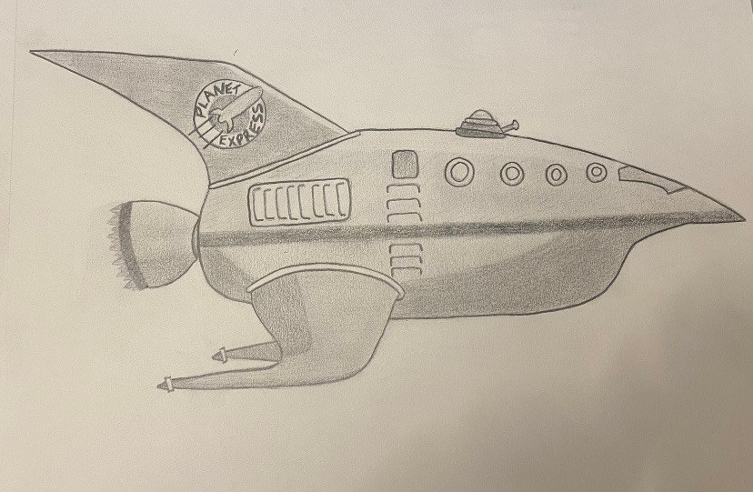 A pencil drawing of a spaceship