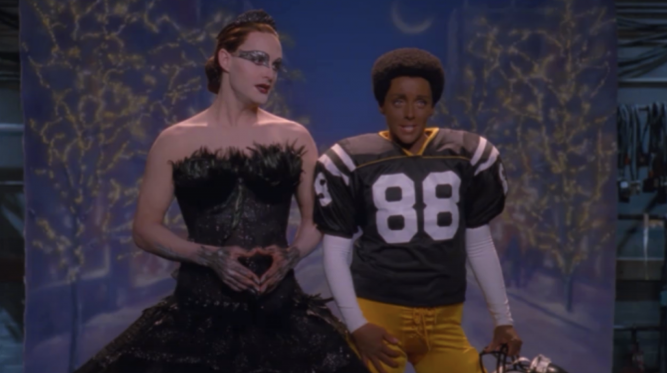 the two characters as a ballerina and football player