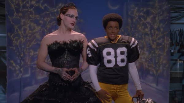 the two characters as a ballerina and football player