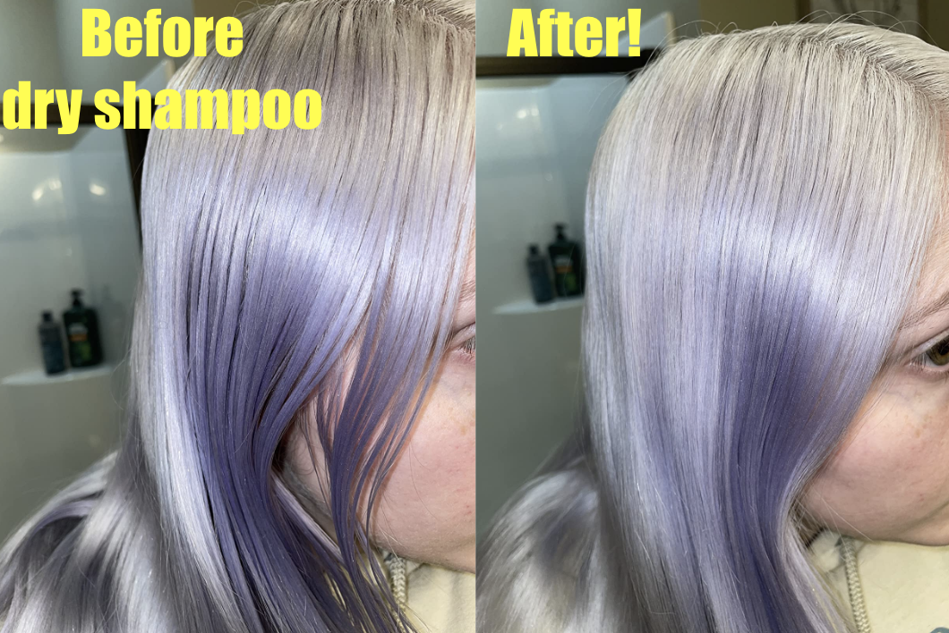 a reviewer photo of a person with lavender hair before and after the dry shampoo
