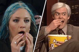 kate hudson in bride wars and bill hader eating popcorn on snl