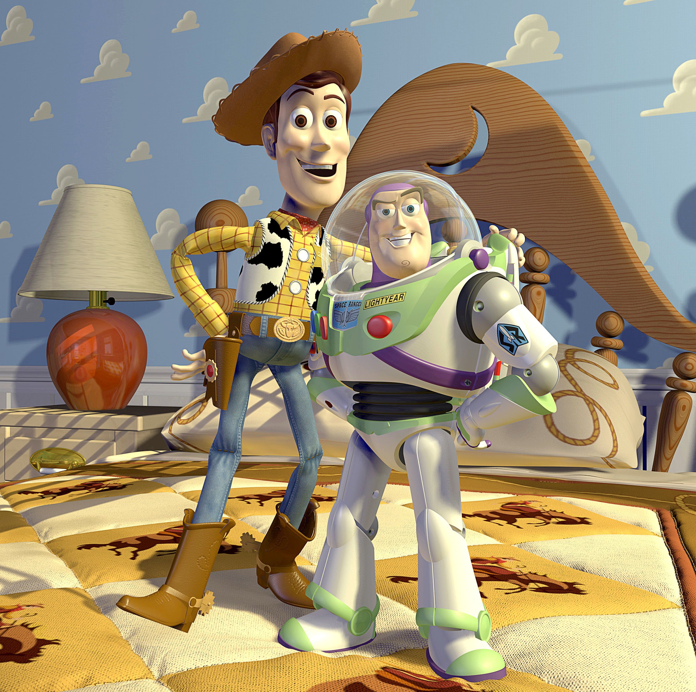 Animated Buzz and Woody from the Toy Story franchise posing together
